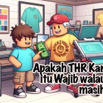 Ilustrasi pemilik usaha sablon memberikan THR karyawan berupa uang tunai kepada pekerjanya di dalam workshop sablon, dengan latar mesin sablon dan contoh kaos produksi di dinding.